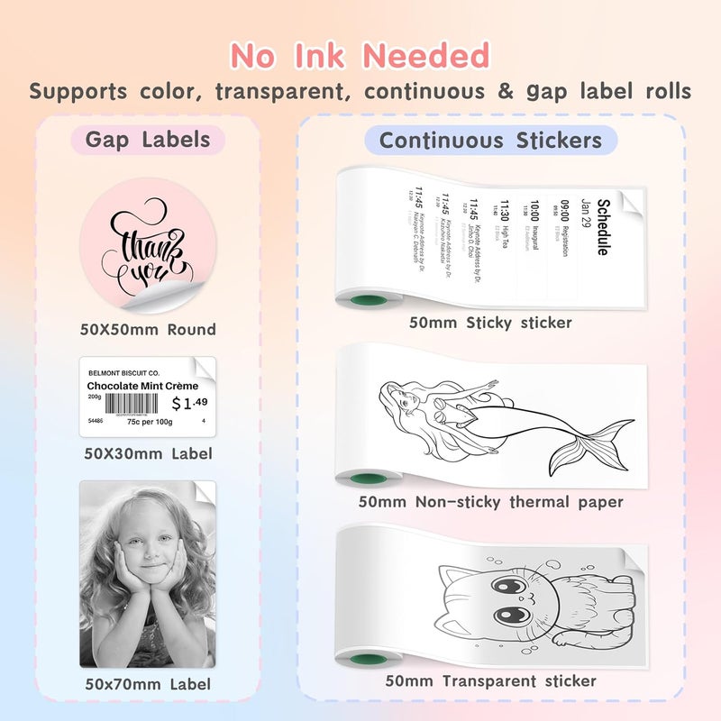 Gloryang JD-23 Sticker Printer, Mini Portable Thermal Printer Print Pod, Inkless Bluetooth Label Maker Machine for DIY Crafts, Journaling, Office & Home Use, 2 Rolls Sticker Paper, Pink - Image 3